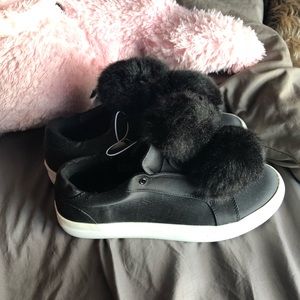 Cute black slip on pompom shoes